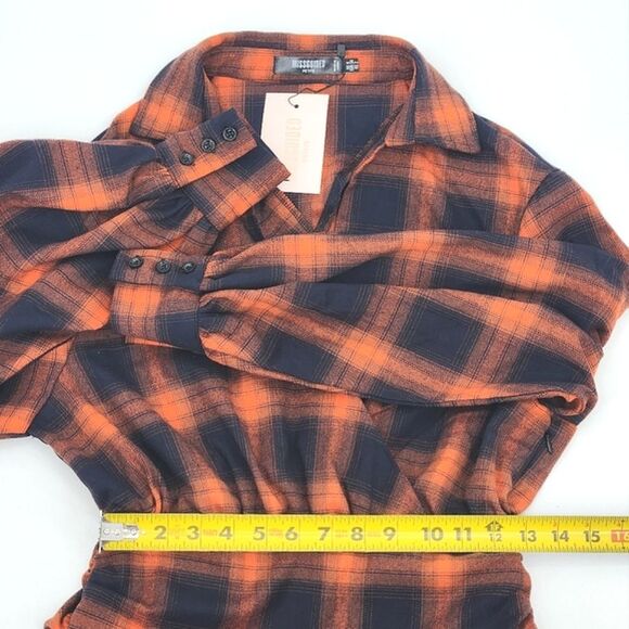 Missguided Petites Wrap Playsuit Size 2 Women Orange Black Plaid Brushed Flannel - Picture 6 of 11